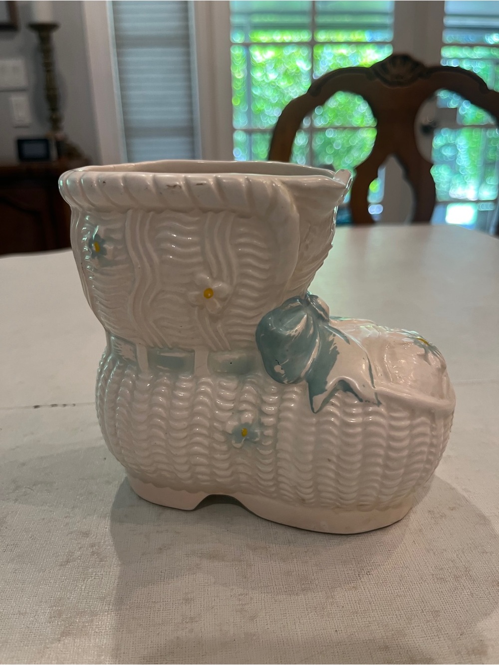 Vintage 1960s White & Pale Blue Ceramic Baby Bootie Planter. So sweet!